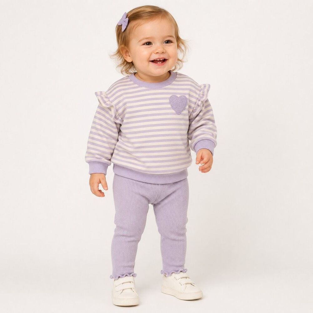 Girls 18M Purple Striped Ruffle Sweatshirt Waffle Knit Leggings 2pc Playwear Set